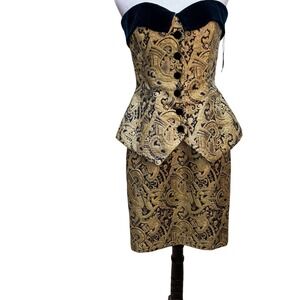 Vintage Navy Gold Paisley Brocade Velvet CollarTuxedo Peplum Dress Size 12